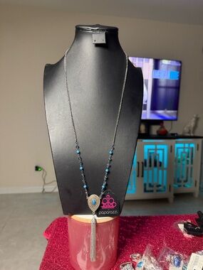 Paparazzi Silver Necklace with Turquoise Beads and Teardrop Tassel